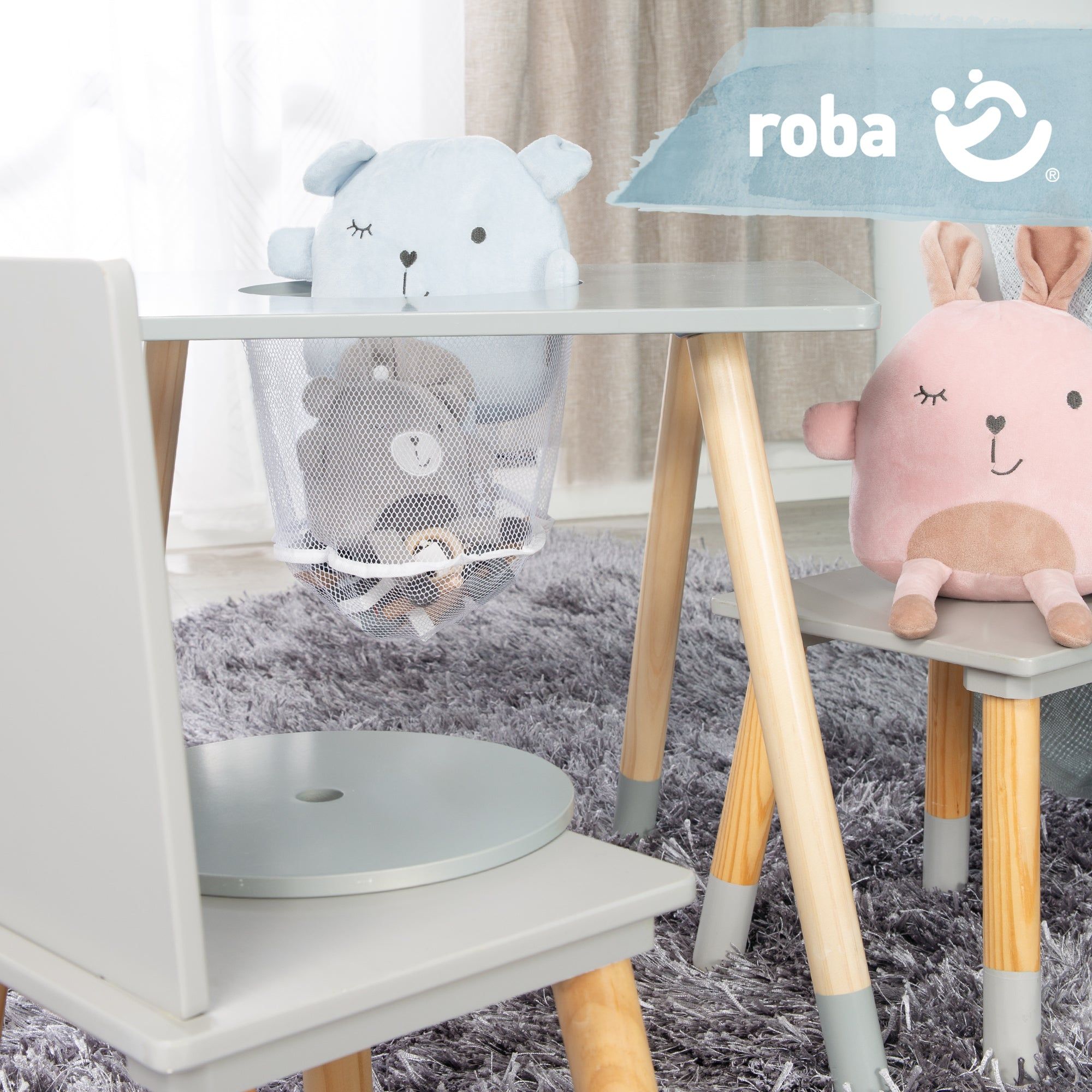 Table Et 2 Chaises Enfant En Bois Gris Avec Filet De Rangeme... - 6
