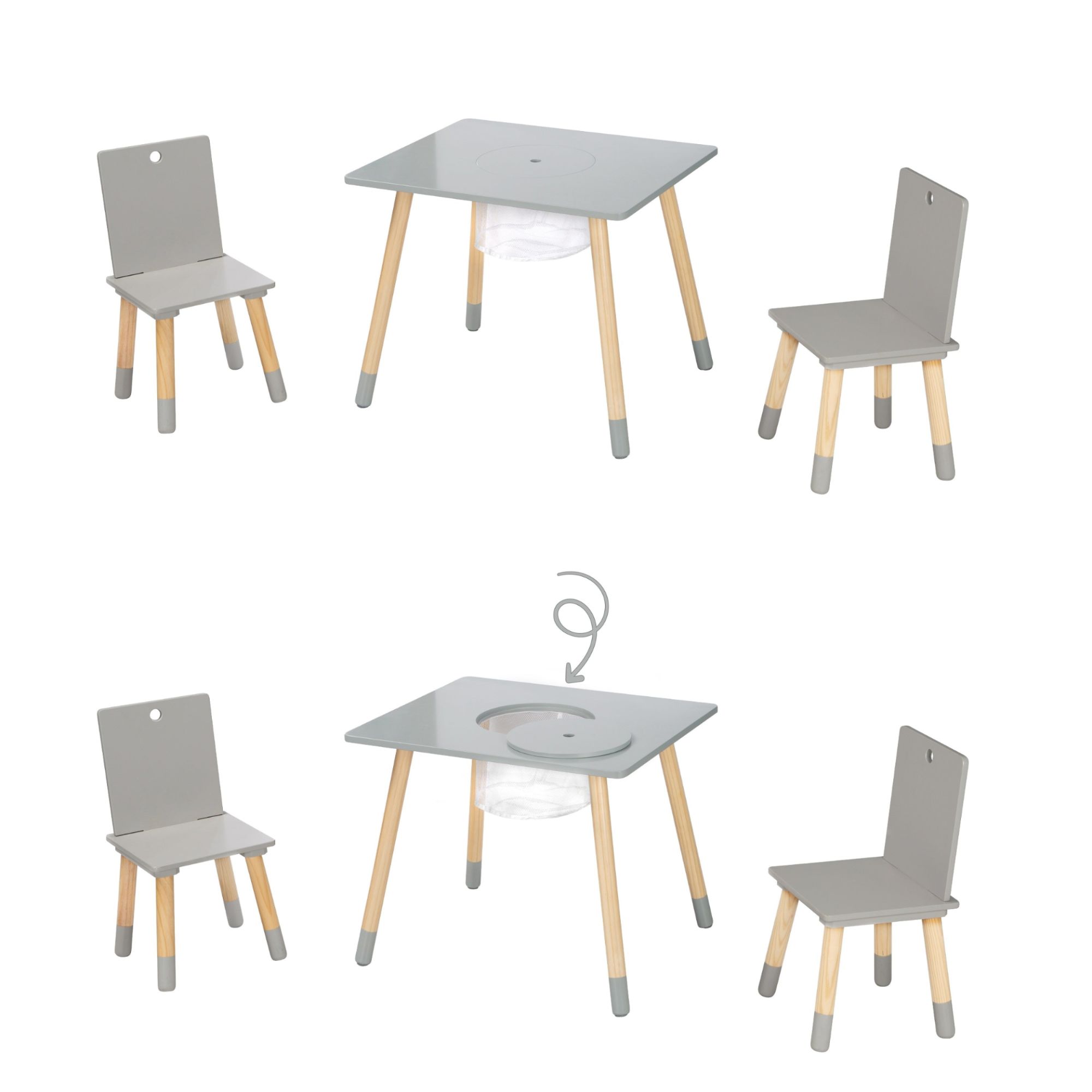 Table Et 2 Chaises Enfant En Bois Gris Avec Filet De Rangeme... - 7