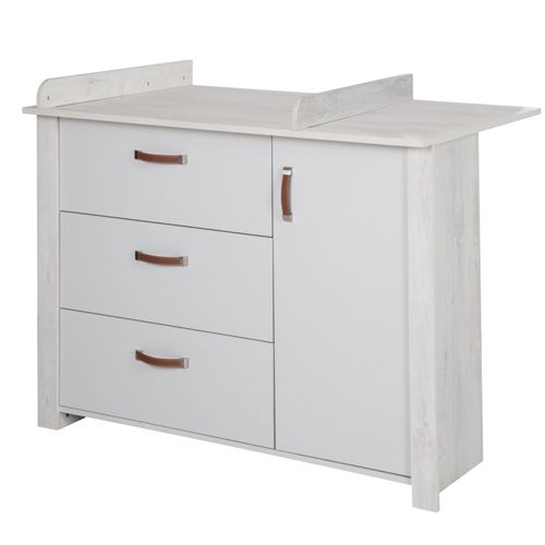 Commode À Langer Roba Mila - Gris Clair/Chêne Blanchi - Bois Massif - 3 Tiroirs + 1 Porte