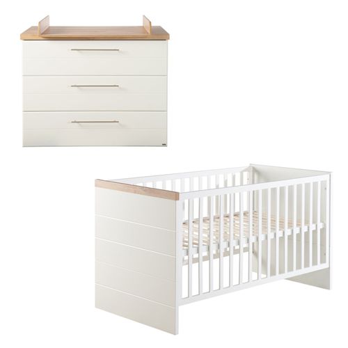 Chambre Bébé Duo Roba Nele - Lit Évolutif 70x140 Cm + Commode À Langer - Blanc / Décor Chêne