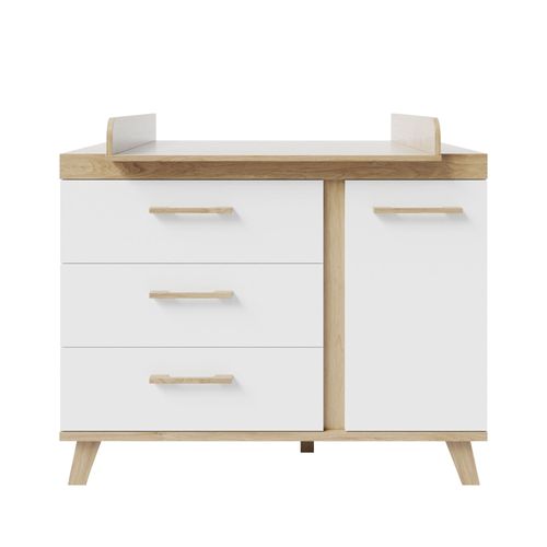 Roba Commode À Langer Smile - 3 Tiroirs + 1 Porte - Convertible - Poignées Et Pieds En Bois Massif - Blanc - Effet Bois