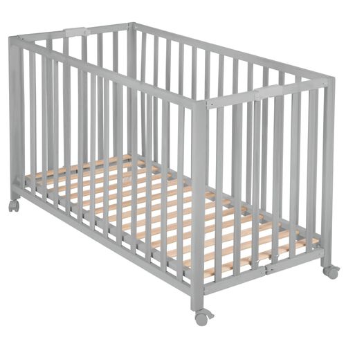 Lit Bébé Pliant En Bois Massif Roba - Fold Up - Hauteur Réglable - Roulettes À Freins - Taupe