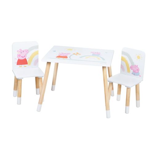 Roba Peppa Pig Ensemble Table + 2 Chaises Enfants - Motif De La Truie Peppa - Pieds En Bois Naturel - Rose - Blanc