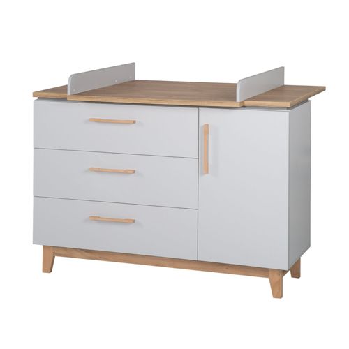 Commode À Langer Roba Caro - 3 Tiroirs 1 Porte - Gris Clair - Décor Chêne - Hauteur 94cm