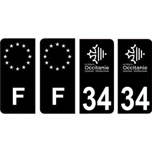 34 Hérault Logo Noir Autocollant Plaque Immatriculation Auto Sticker Lot De 4 Stickers - Arrondis