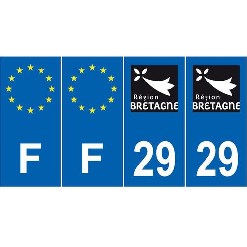Lot De 4 Autocollants Bleu 29 Finistere Bretagne - F Europe Nouvelles Régions Plaque Immatriculation Auto Voiture Sticker - Droits
