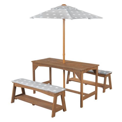 Roba Table Pique-Nique Et 2 Bancs Enfants Outdoor + En Bois Massif - Ensemble De Jardin + Parasol Et Coussins - Teck