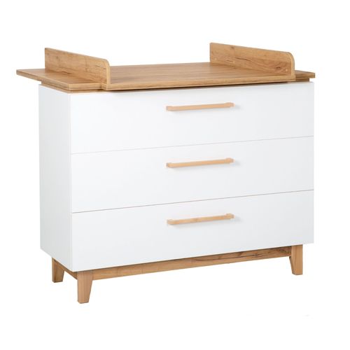 Commode À Langer Large 3 Tiroirs En Bois Blanc Et Chêne Doré
