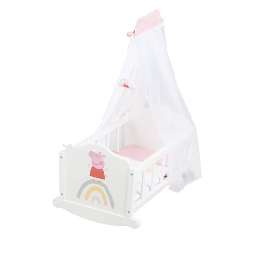 Berceau De Poupée Peppa Pig En Bois - Linge De Lit Inclus - Motif Truie - Nurserie Poupon - Blanc - Rose - Roba
