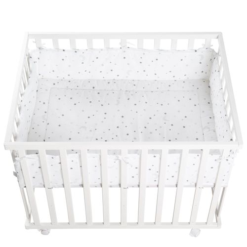 Roba Parc Bébé 100x75 Cm + Tour De Parc "Sternenzauber" Imprimé Étoiles + 4 Roues - Bois Blanc
