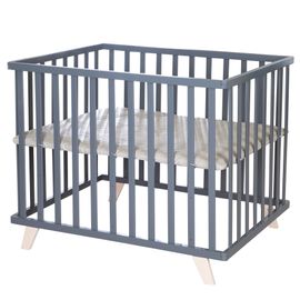 Roba Parc Bébé 75 X 100 Cm + Tapis Grège En Cuir Pu Hydrofuge + Pieds En Bois Massif Bio - Hauteur Réglable - Anthracite