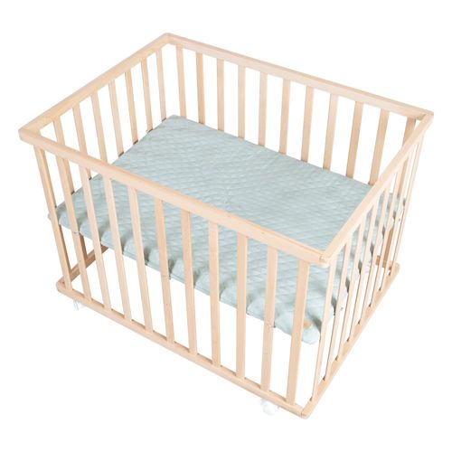 Roba Parc Bébé 75 X 100 Cm En Hêtre Massif Bio + Tapis Vert Givré + 4 Roulettes À Freins - Hauteur Réglable - Naturel