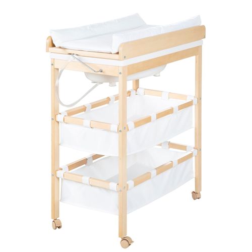 Roba Table À Langer Avec Baignoire Baby Pool En Bois Naturel + Matelas À Langer Hydrofuge Et Étagères En Tissu - Plan Pivotable