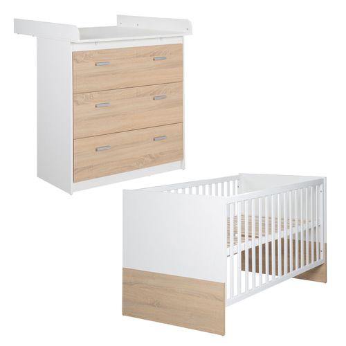 Set De Meubles 'gabriella' 2 Pc - Lit 70x140 + Commode À Langer Étroite - Blanc Et Décor Chêne