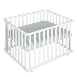 Roba Parc Bébé 75x100 Cm + Tapis De Parc Roba Style Vert Givré + Roulettes De Frein - Hauteur Réglable - Bois Blanc