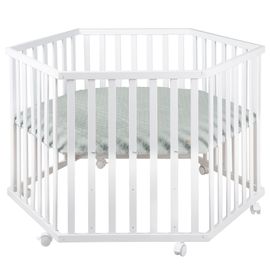 Roba Parc Bébé "Roba Style" Hexagonal + Insert De Protection Vert Et Roulettes - Bois Laqué Blanc
