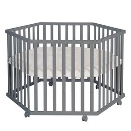 Roba Parc Bébé Hexagonal - Avec Tapis Grège En Cuir Pu Hydrofuge + 6 Roulettes À Freins - Hauteur Réglable - Bois Anthracite