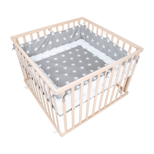 Roba Parc Bébé 100 X 100 Cm Mobile En Bois Massif Bio + Tour De Parc Gris Étoilé - Hauteur Réglable - Naturel