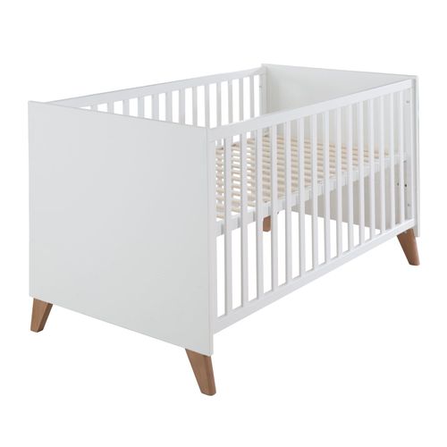 Lit Bébé Évolutif 70 X 140 Cm Ole - Roba - Convertible En Lit Junior - Avec Sommier À Hauteur Réglable - Blanc - Pieds Chêne Massif