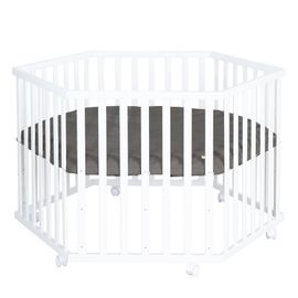 Roba Parc Bébé Hexagonal + Tapis Anthracite En Cuir Pu Hydrofuge + 6 Roulettes À Freins - Hauteur Réglable - Bois Blanc