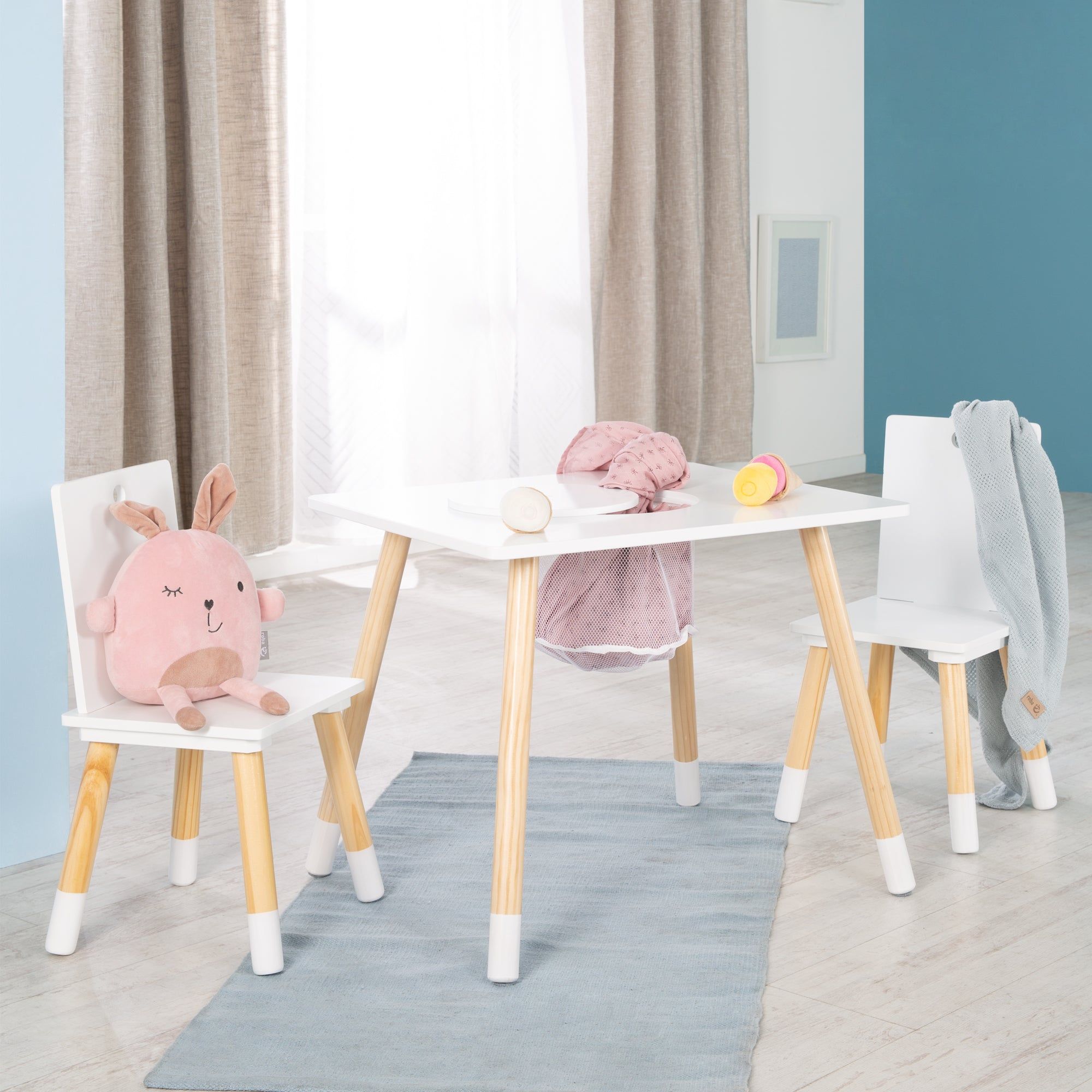 Table Et 2 Chaises Enfant En Bois Blanc Avec Filet De Rangem... - 2