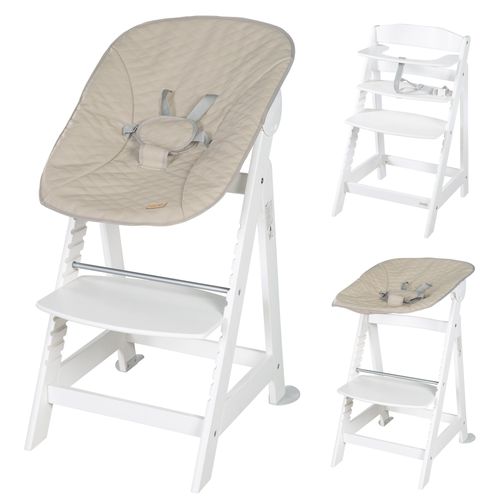 Roba Chaise Haute Évolutive Born Up 2 En 1 + Transat Inclinable - Greyish Matelassé - Dès La Naissance - Bois Blanc