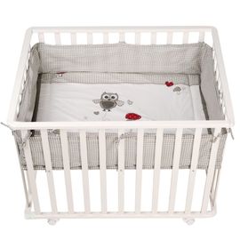 Parc Bébé 100x75 Cm + Tapis "Adam Et Eule" Imprimé Chouette + 4 Roues - Roba - Bois Blanc