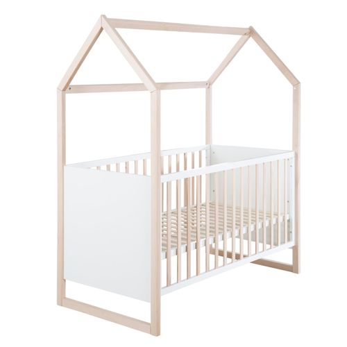 Roba Lit Bébé Cabane 70 X 140 Cm - Convertible + Réglable En Hauteur - Lit Évolutif Avec 3 Barreaux Amovibles - Bois Naturel - Blanc