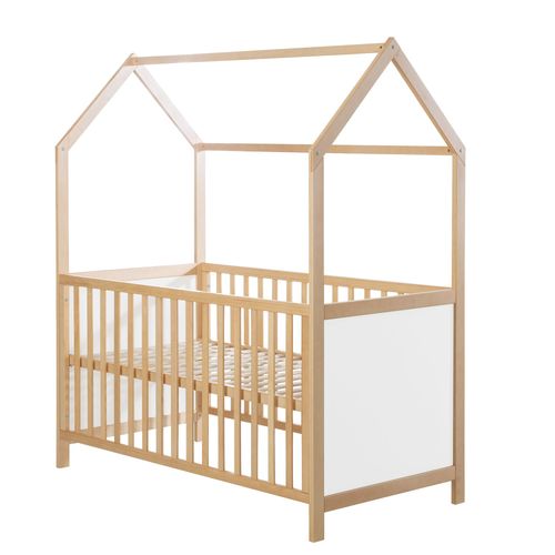 Roba Lit Cabane Bébé Évolutif 70x140 Cm - Convertible En Lit Junior Et En Banc - Hauteur Réglable - Bois Laqué Blanc / Naturel