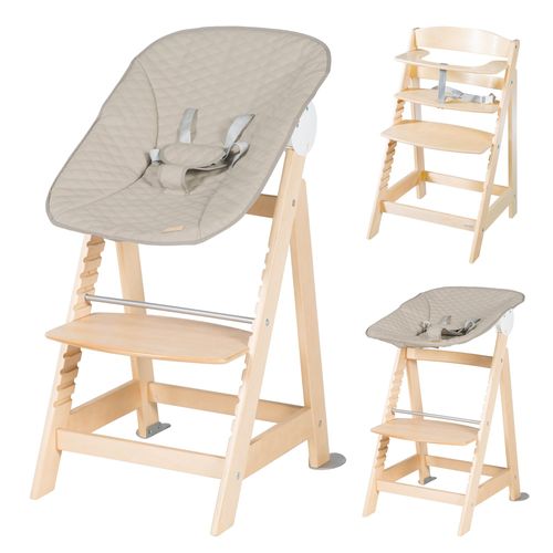 Roba Chaise Haute Évolutive Born Up 2 En 1 + Transat Inclinable - Greyish Matelassé - Dès La Naissance - Bois Naturel