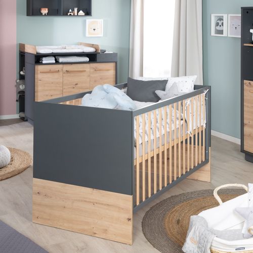 Chambre Bébé Duo Lenn - Lit Évolutif 70x140 Cm + Commode À Langer - Roba - Anthracite / Décor Bois