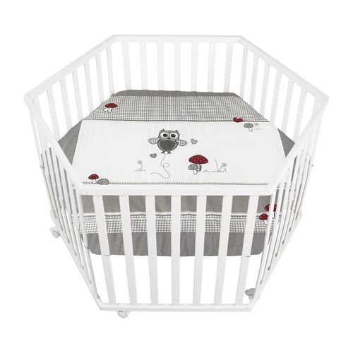 Roba Parc Bébé Hexagonal En Bois Adam & Eule + Tapis De Parc Et Roulettes Avec Freins - Base Ajustable En Hauteur - Blanc