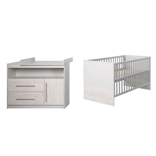 Chambre Bébé Duo Maren 2 - Roba - Lit Évolutif 70x140 - Gris Clair / Chêne Blanchi