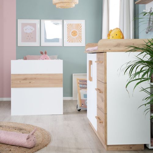 Chambre Bébé Duo Lion - Roba - Lit Évolutif 70x140 Cm - Blanc - Décor Bois