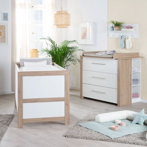 Chambre Bébé Duo Roba - Malo - Lit Évolutif 70x140 Cm + Commode À Langer Avec Plan À Langer Amovible - Blanc - Décor Chêne