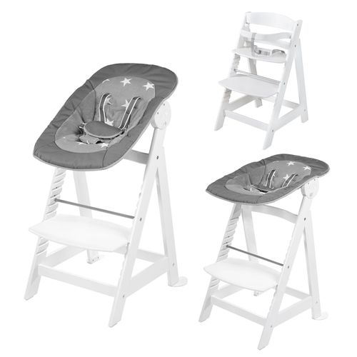 Roba Chaise Haute Évolutive Born Up 2 En 1 + Transat Inclinable À Motifs Étoiles - Little Stars - Dès La Naissance - Bois Blanc