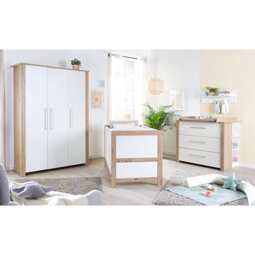 Chambre Bébé Complète Roba - Malo - Lit Évolutif 70x140 Cm + Commode À Langer + Armoire 3 Portes - Blanc - Décor Chêne
