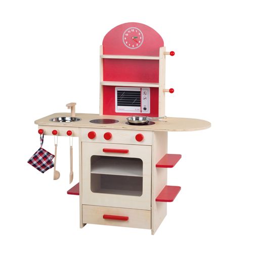 Cuisine Enfant En Bois Roba - Naturel/Rouge - Jeu De Rôle Avec Four, Plaques De Cuisson, Évier Et Robinet