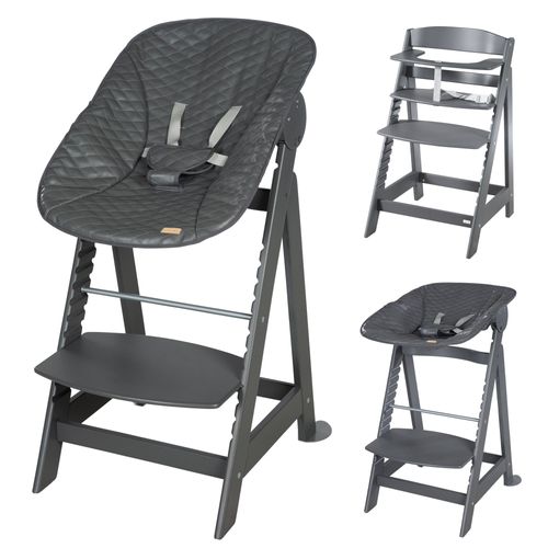 Roba Chaise Haute Évolutive Born Up 2 En 1 + Transat Inclinable - Graphite Matelassé - Dès La Naissance - Bois Anthracite
