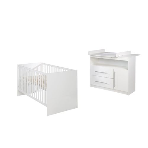 Chambre Bébé Roba Maren - Lit 70x140 Cm Évolutif + Commode À Langer - Blanc Laqué - Hauteur Réglable - Mixte