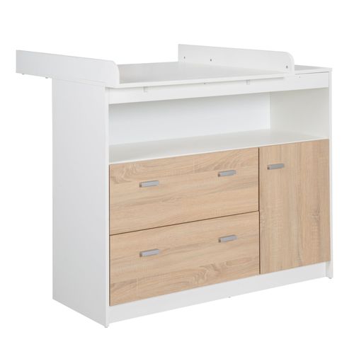 Commode À Langer Roba Gabriella - 2 Tiroirs, 1 Porte, 1 Compartiment Ouvert - Blanc Et Aspect Bois Chêne Sonoma
