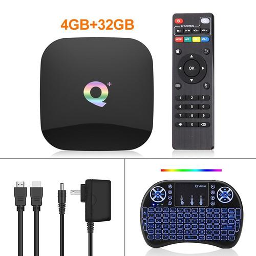 Ue Plug - 4G32G Backlit i8 - Q Plus Boîte de TÉLÉVISION Intelligente Android 9.0 TV Box 4 GO RAM ROM Quad Core H.265 USB3.0 2.4G WiFi Décodeur 4K TVBOX Lecteur Multimédia