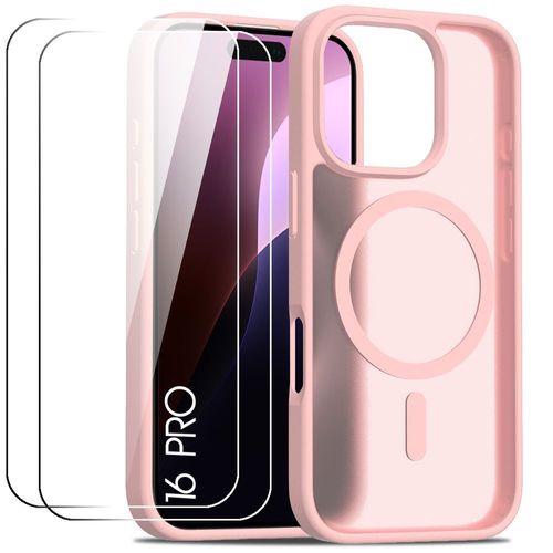 Coque Et 2 Verres Trempés Pour Iphone 16 Pro, Protection Avec Cerle Magnétique - Rose - E.F.Connection