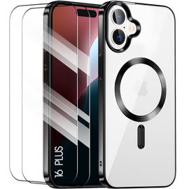 Coque Pour Iphone 16 Plus Avec Cercle Magnétique + 2 Verres Trempés, Protection Antichoc Transparent Contour Brillant Noir - E.F.Connection