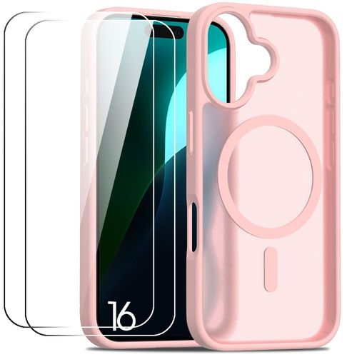 Coque Et 2 Verres Trempés Pour Iphone 16, Protection Avec Cercle Magnétique, Anti-Trace Translucide Rose - E.F.Connection