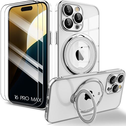Coque + 2 Verres Trempés Pour Iphone 16 Pro Max, Protection Silicone Avec Support Magnétique - Argenté - E.F.Connection