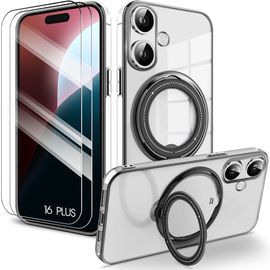 Coque + 2 Verres Trempés Pour Iphone 16 Plus Avec Support Magnétique Rotatif - Protection Bordure Noir - E.F.Connection