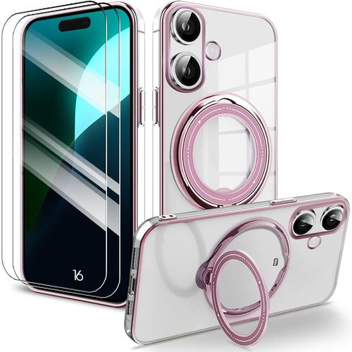 Coque Et 2 Verres Trempés Pour Iphone 16, Protection Silicone Anti-Rayures Slim Avec Support Magnétique Rotatif - Rose - E.F.Connection