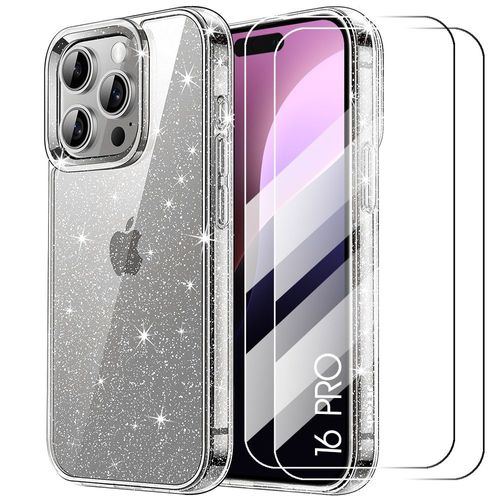 Coque Et 2 Verres Trempés Pour Iphone 16 Pro, Coque À Paillettes Effet Brillant Anti-Rayures Transparent - E.F.Connection