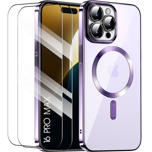 Coque Pour Iphone 16 Pro Max Avec Anneau Magnétique + 2 Verres Trempés, Protection Transparente Contour Brillant Violet - E.F.Connection